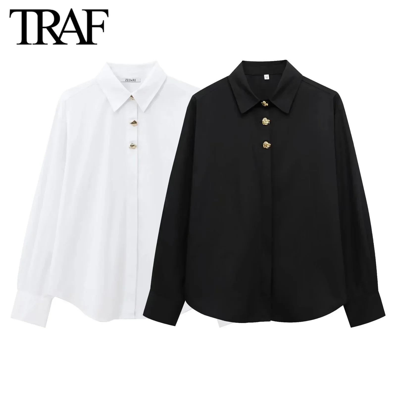 TRAF Poplin Shirt for Women Fashion Autumn Winter New White Long Sleeved Gold Single Breasted Lapel Blouse Chic Ladies Top