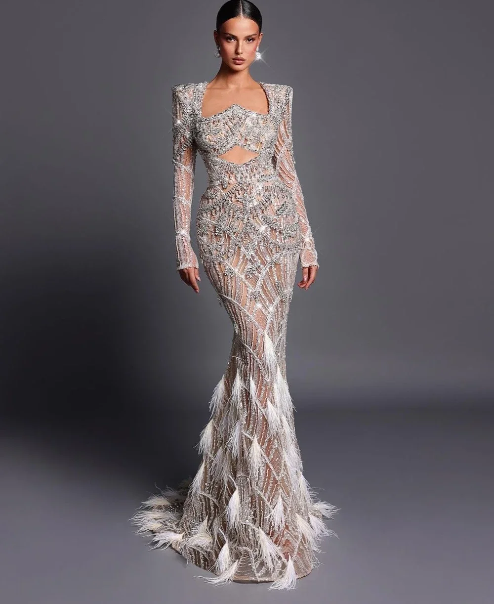 

Luxury Sliver Mermaid Evening Gown Illusion Cut Out Prom Dresses Celebrity Beading Sequins Feathers Customized
