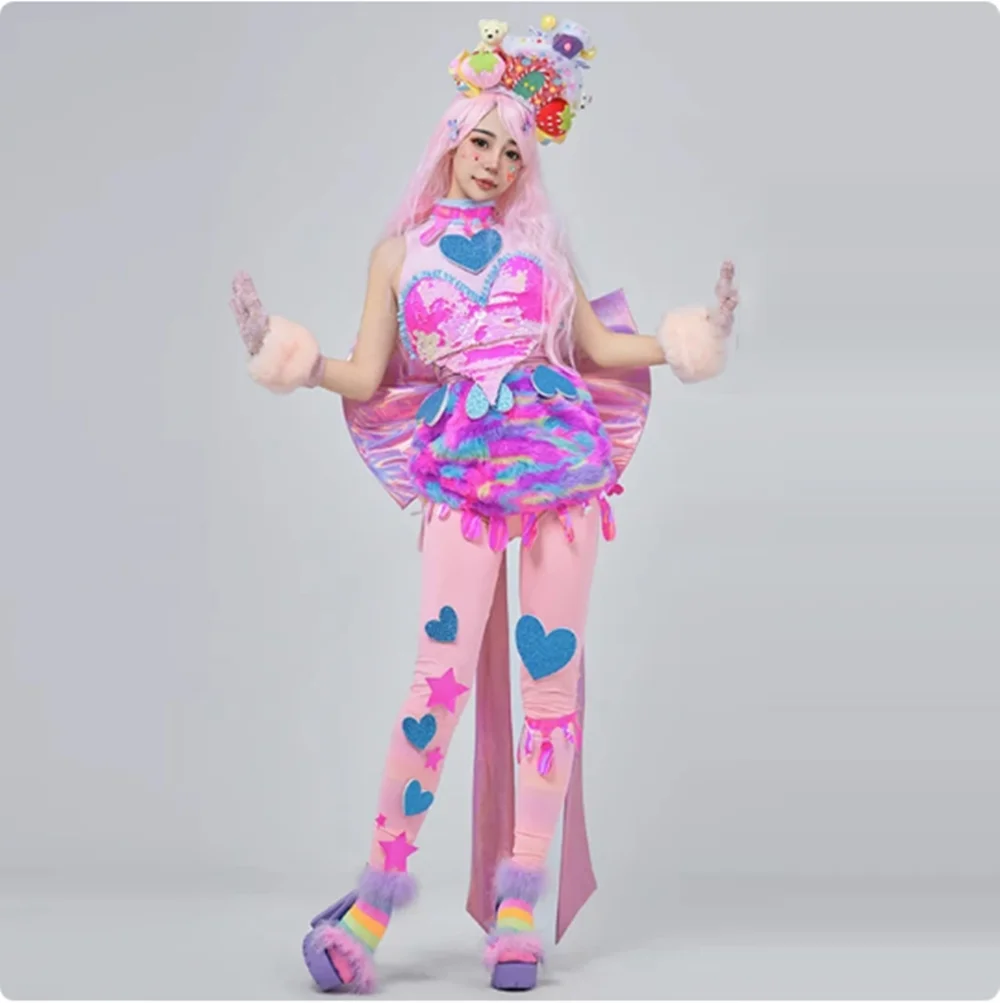 Snoep Kleur Gogo Danser Prestaties Slijtage Vrouwen Mooie Jazz Dans Kleding Pailletten Tops Pluche Rok Hoofddeksels Carnaval Pak