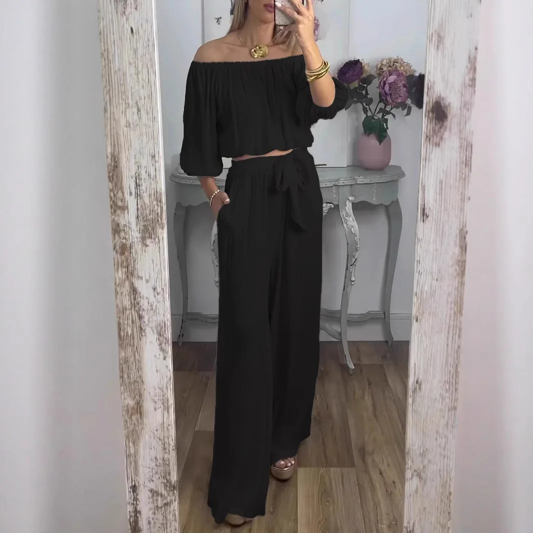 Elegant Women's Off Shoulder Pants Set One Shoulder Half Sleeves Short Top Loose Elastic Waist Trouses 2 Pieces Suits For Woman