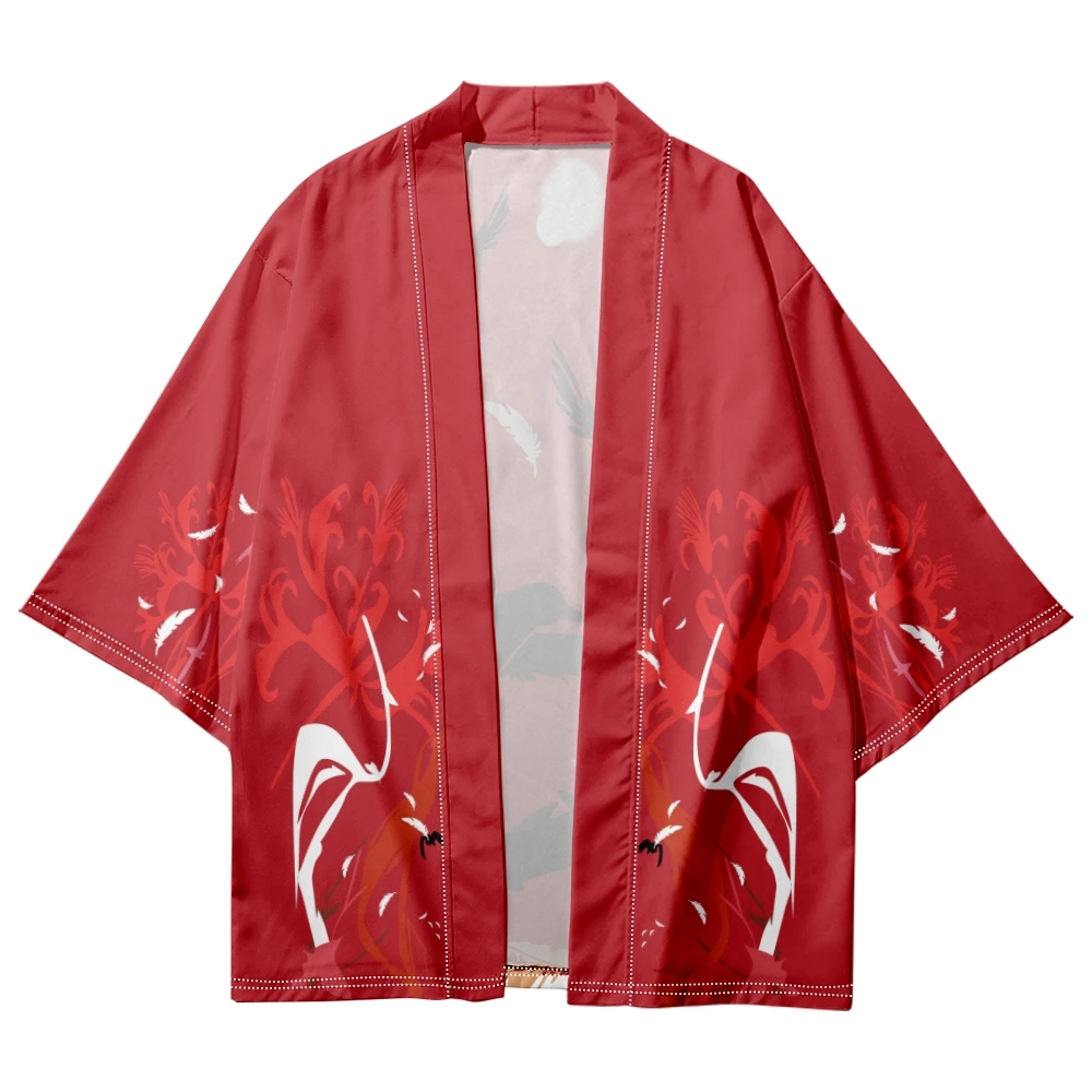 Cárdigan Kimono rojo con estampado de cuervo de estilo japonés, camisa de Cosplay, Yukata, playa, Haori, Top tradicional, 2023