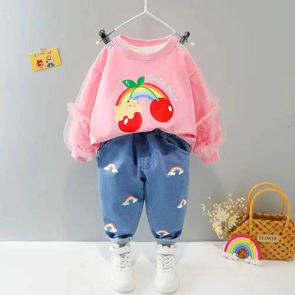 

Autumn Baby Girl Clothes Set Cute Lace Puff Sleeve Outfits Cartoon Cherry Sweater Suit 2PCS Toddler Long Sleeve Shirt Spring New