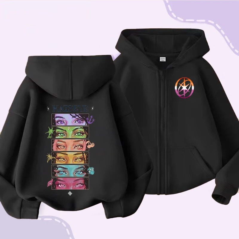 سترة صوفية للأطفال من Katseye معطف بناتي جميل بقلنسوة وسحاب سترة عصرية للأطفال ملابس لطيفة هدية عيد ميلاد أنيمي #4