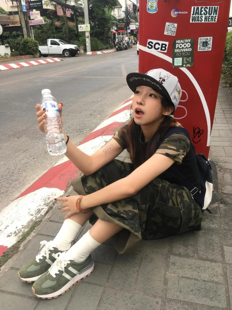 HOUZHOU Camouflage Denim Shorts Women Harajuku Vintage Punk High Waist Shorts Y2K Wide Leg Baggy Casual Jeans Shorts Streetwear