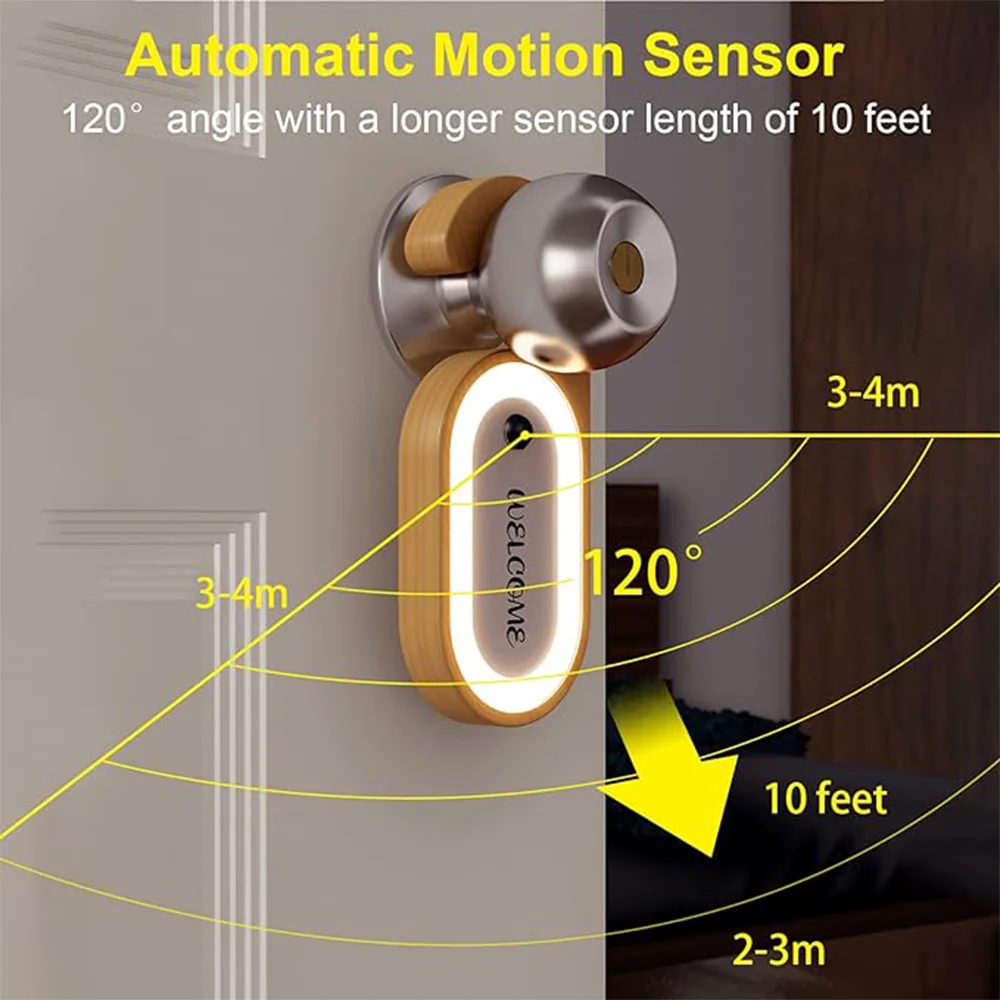 Lampu malam Sensor pesan kayu kreatif, Memo pintar Sensor gerak dapat diisi ulang USB gagang pintu desain kait pencahayaan LED