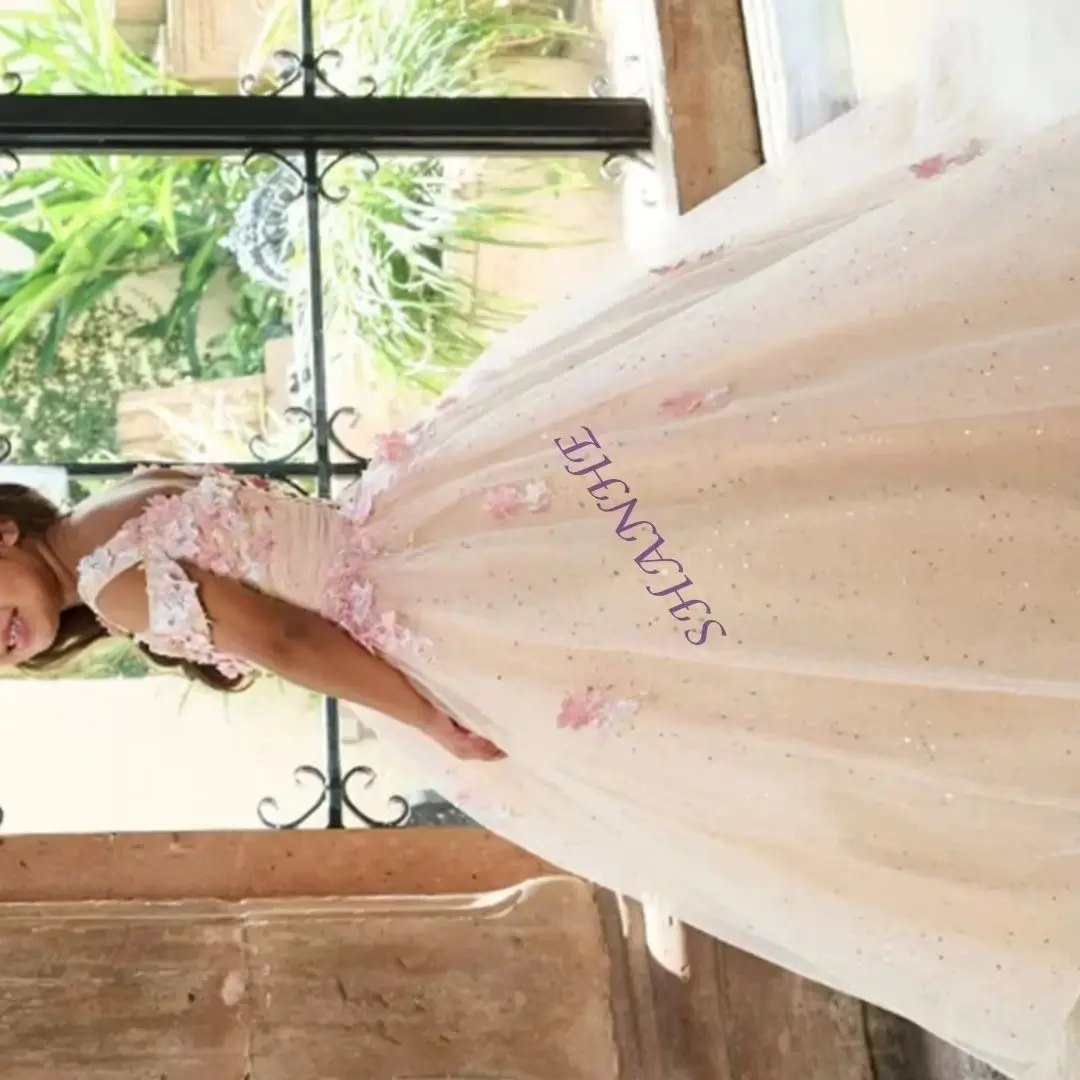 Customized Luxury Flower Girl Dresses For Wedding Floral Appliques Tulle Glitter Floor Length Quinceanera Birthday Banquet Gown