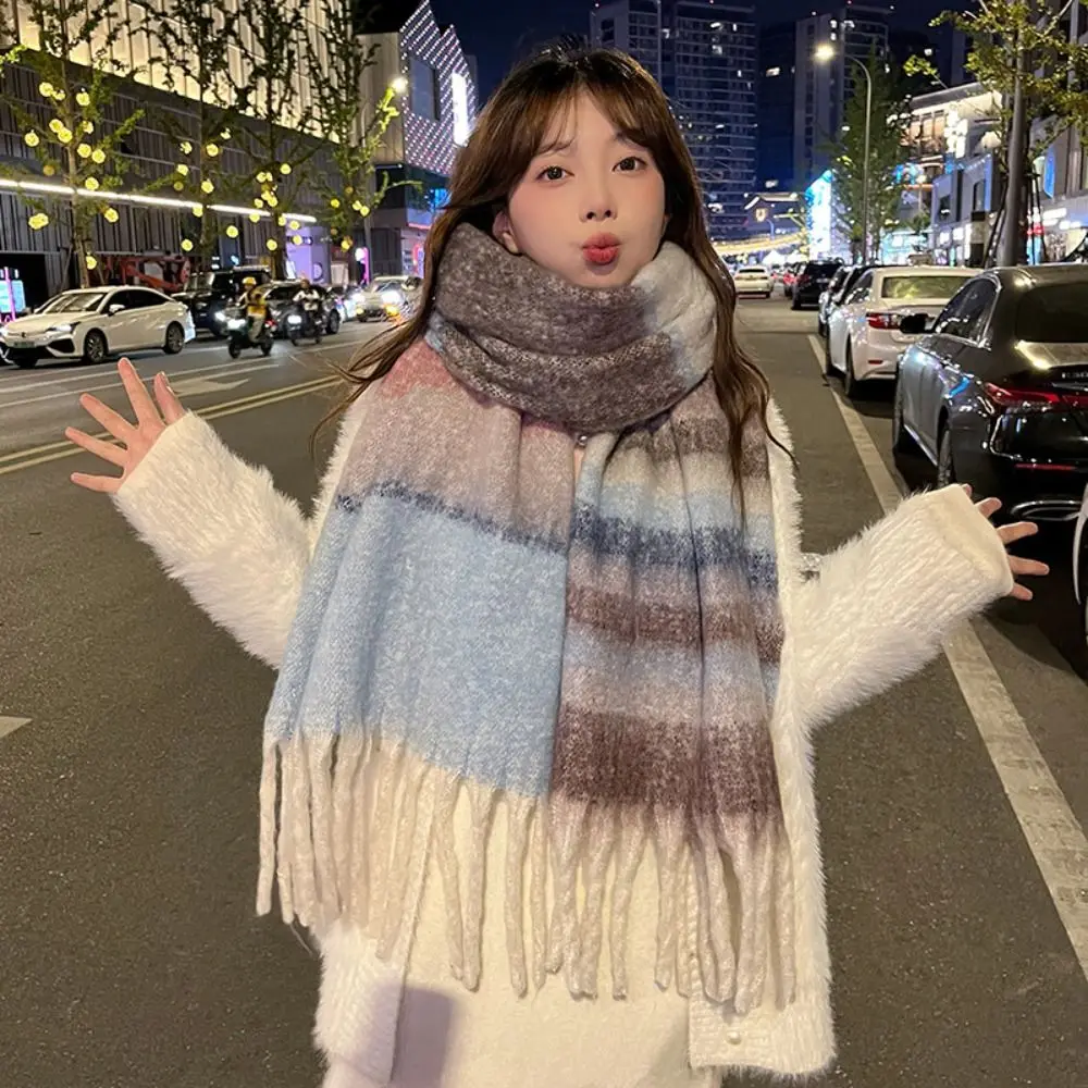 Fashion Rainbow Color Winter Mohair Scarf Windproof Soft Long Tassel Scarves Knitting Thick Warm Woemn Wrap Shawls