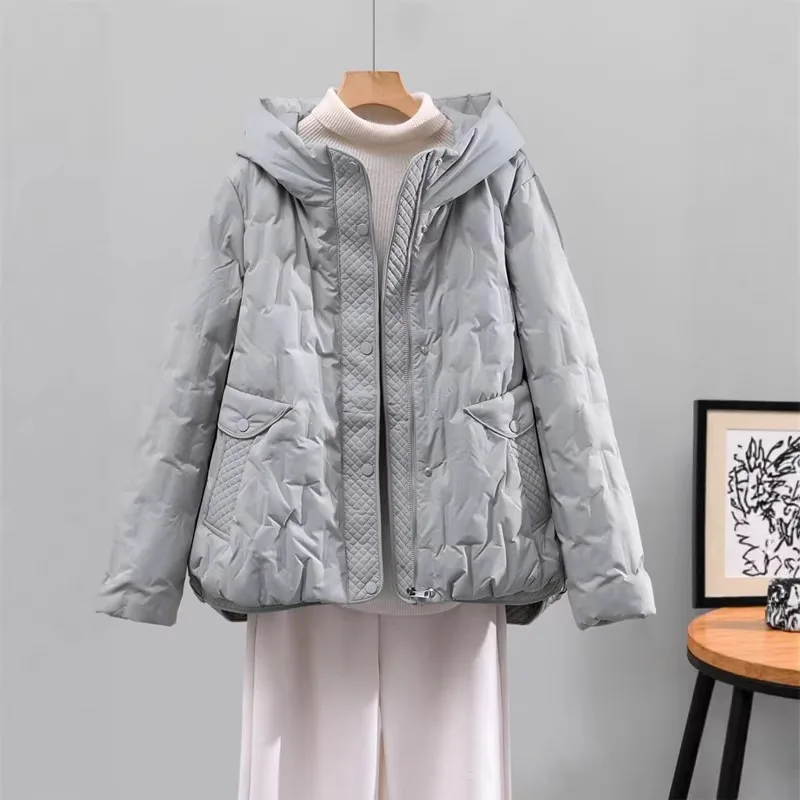

Women's White Duck Down Coat Slim Fit New Puffer Jacket Short Hooded Thickened Fashion Casual Warm Parka Outerwear