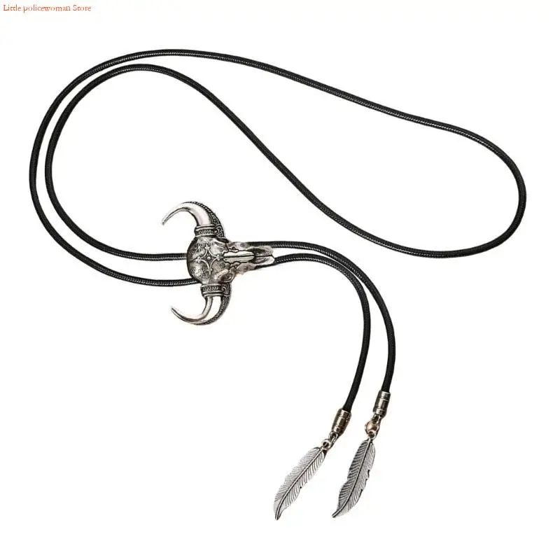 F92D Western Cowboy Vintage Turquoises Pendant Bolo Tie Leather Rope Necktie Necklace Metal Jewelry Unisex Neckwear