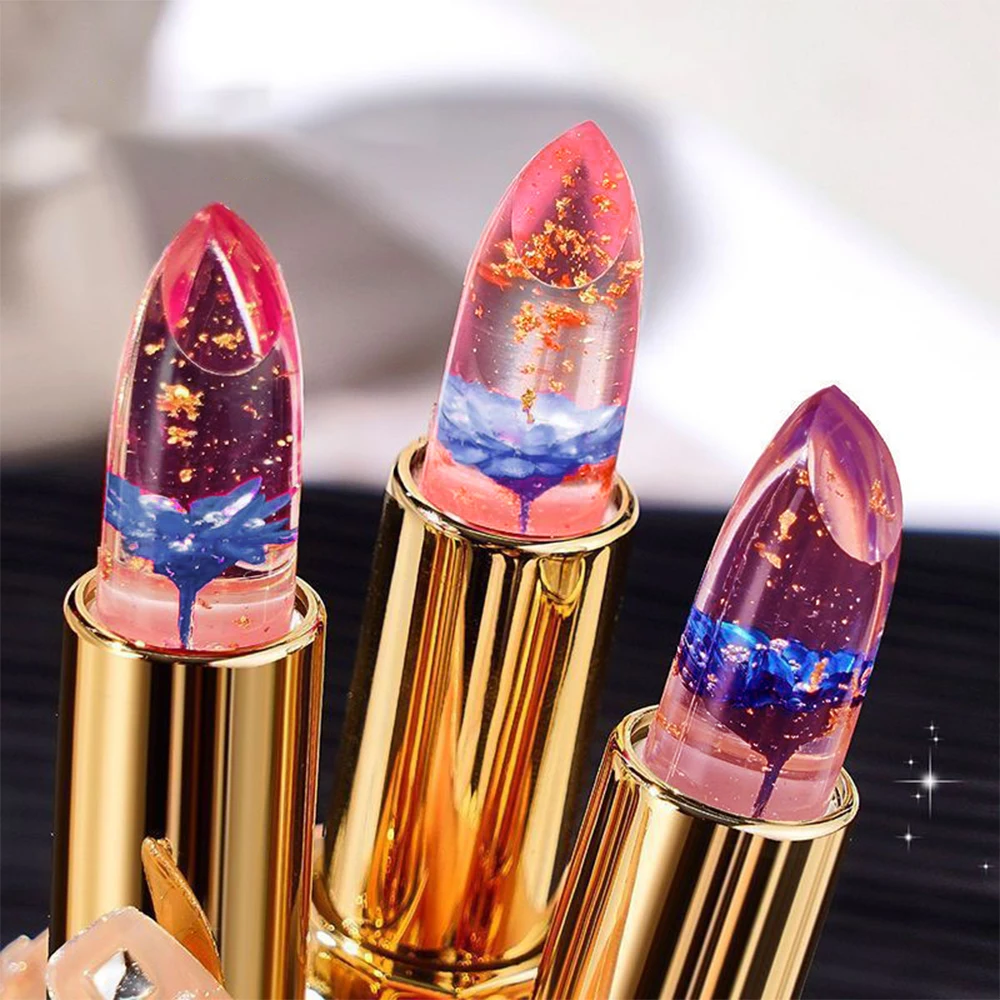 Lápiz Labial Transparente con Infusión Floral, Brillo Labial en Gel con Láminas de Oro para una Hidratación Duradera y un Tono Rosado