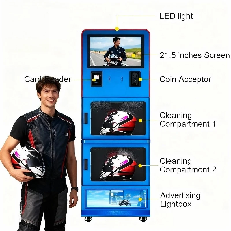 Cleaning machine, automatic motorcycle helmet, small vending machine