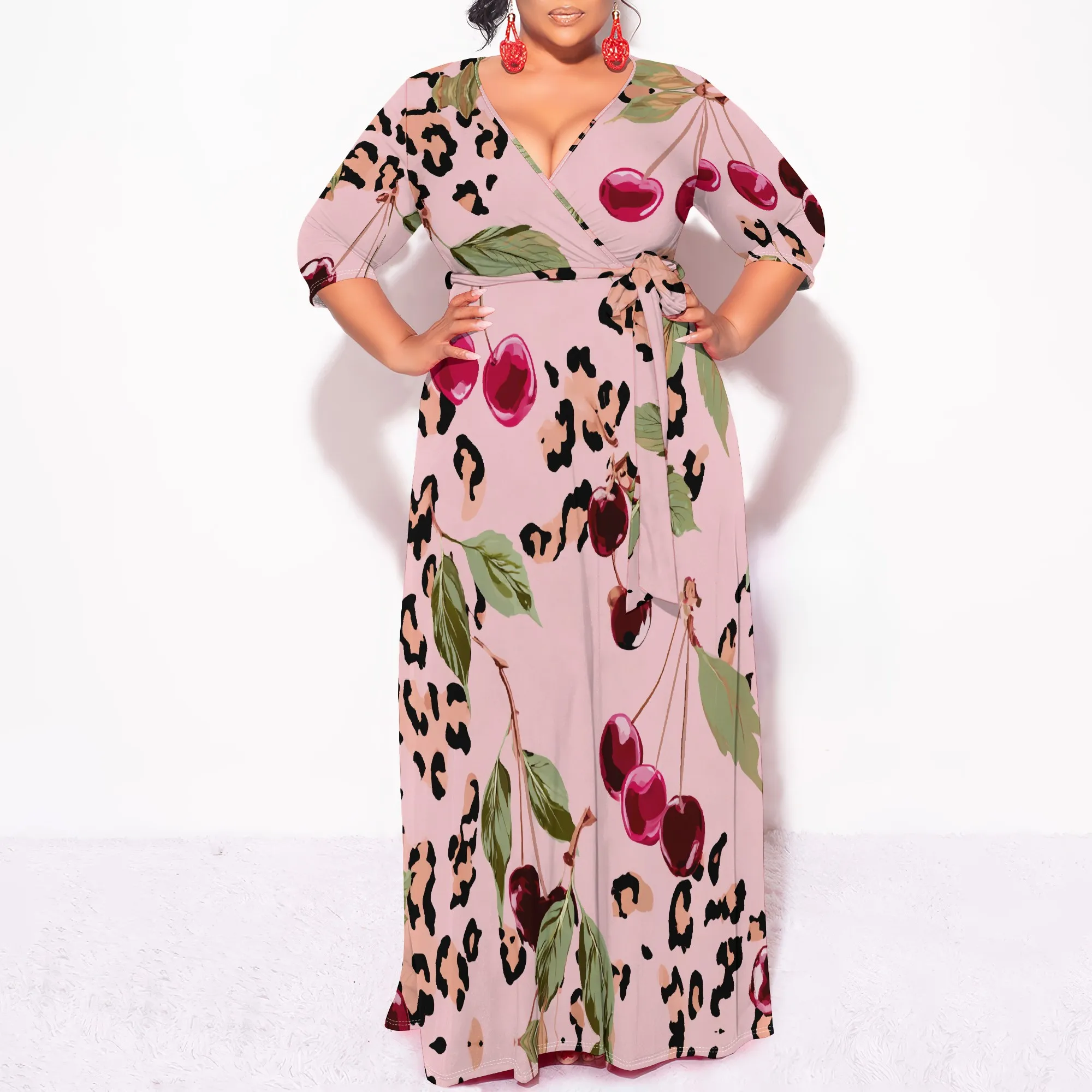 Cherry Leopard Print Wrap Dress XL-6XL V-Neck 3/4 Sleeve Belted Maxi Style for Summer Brunch, Picnic Date or Pride Party Look