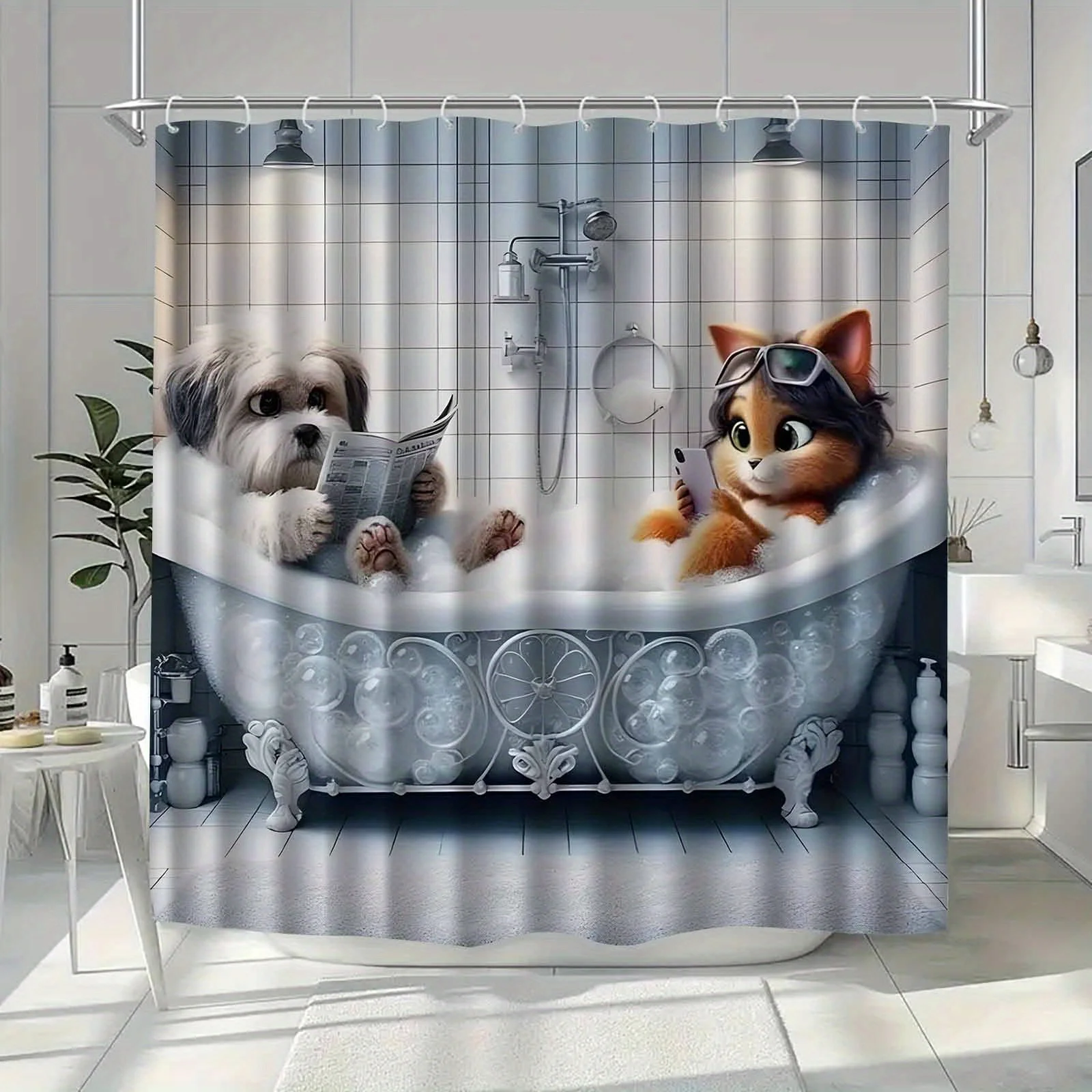 

Dog Cat Bathtub Digital Print Shower Curtain Waterproof Bathroom Decor Curtain for Home Decoration
