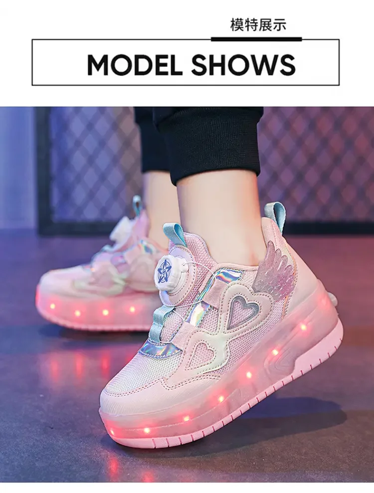 Children Two Girls Wheels Luminous Glowing Sneakers Heels Pink Led Light Roller Skate Shoes Kids Led Shoes USB Charging 29-38