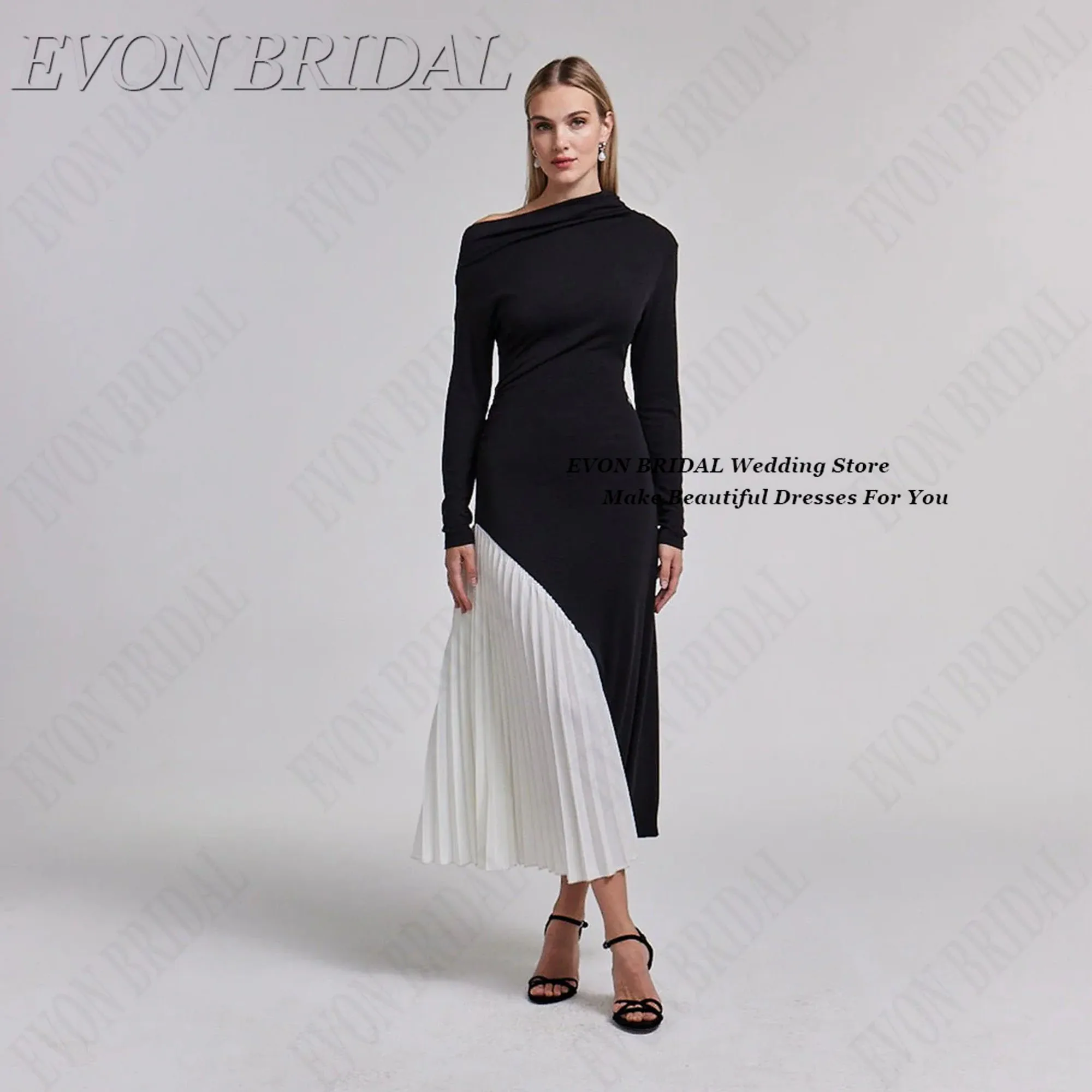 

EVON BRIDAL Black And White Wedding Evening Gown Long Sleeves Woman Ceremony Dress Red Carpet Evening Party Dress Customized