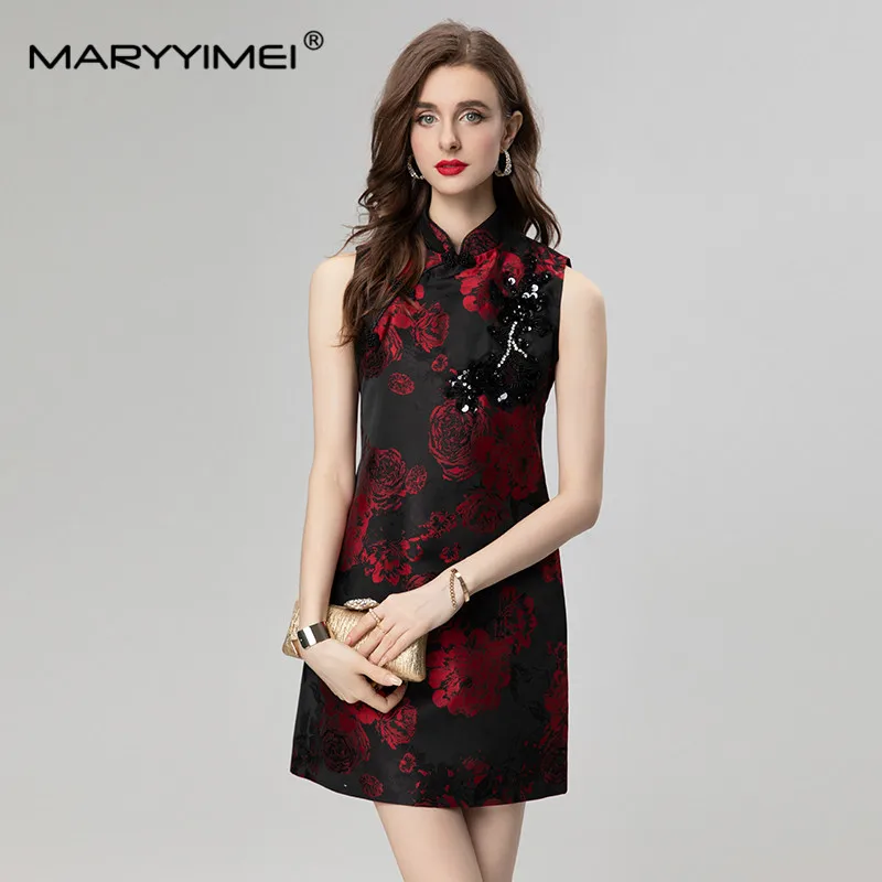 

MARYYIMEI New Fashion Runway Designer Women's Stand-Neck Sleeveless Button Rose printed beaded Chinese style Dresses