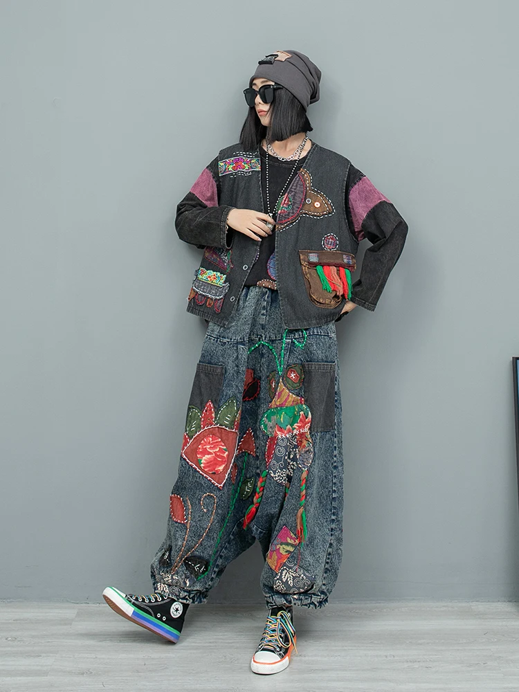 Hand Embroidered Denim Pant Set Double Layer Vest Women Autumn Winter LX2578