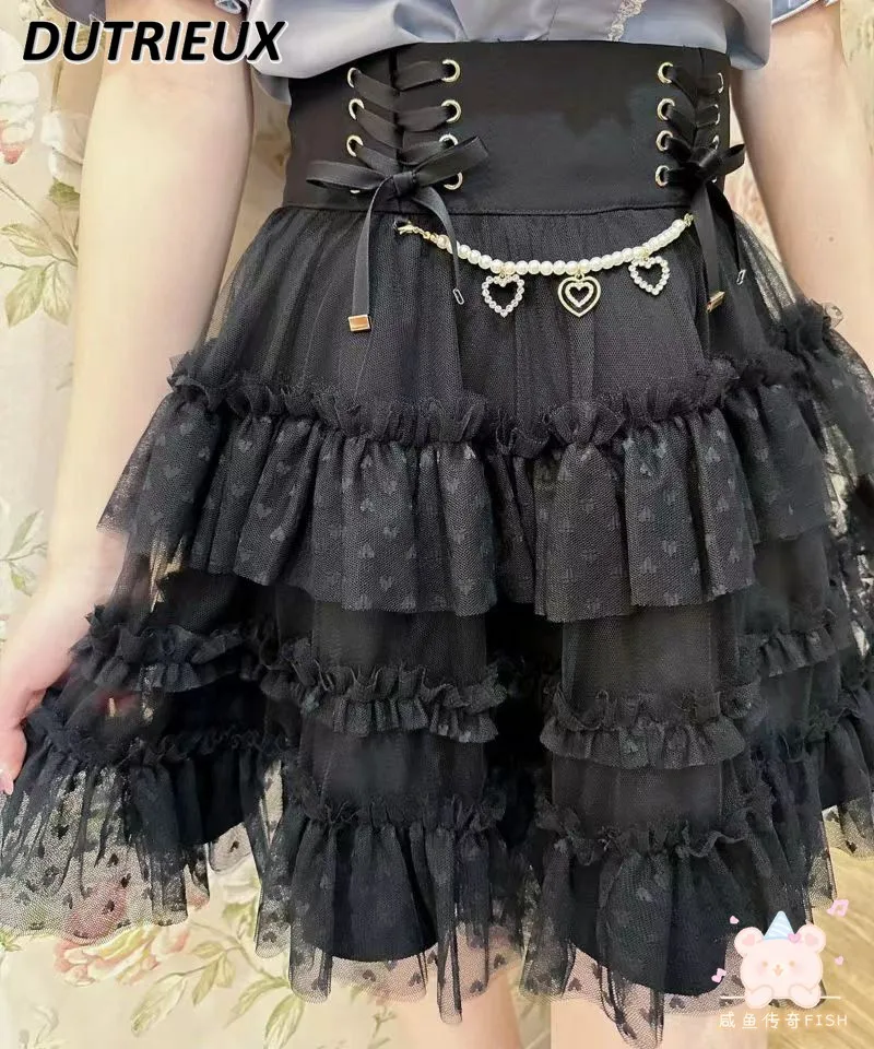 Japanese Skirt Women Summer New Love Chain Ribbon Layers Cake Skirts Mine Series Mass-Produced All-Match Sweet Lace Mini Skirt