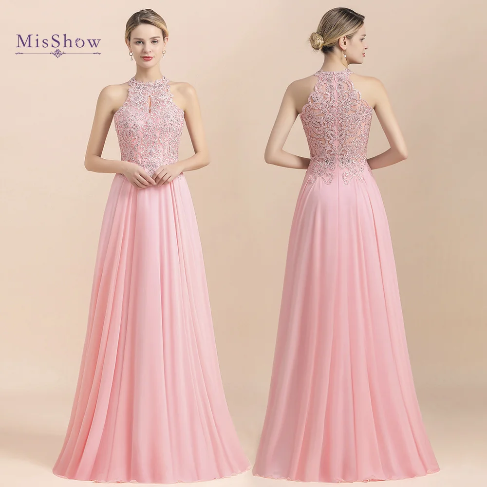 MisShow BM3201 Elegant Lace Bridesmaid Dress A-Line Beaded Long Chiffon Prom Party Gown for Wedding Guests Customizable Size