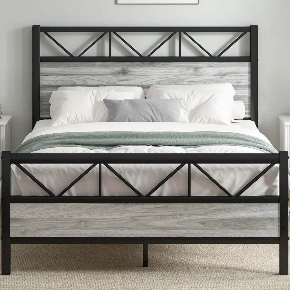 

Queen Bed Frame, Industrial 51.2" Platform Bed, Tall Headboard Queen Bed Frame with Strong Metal Support, No Box Spring Needed