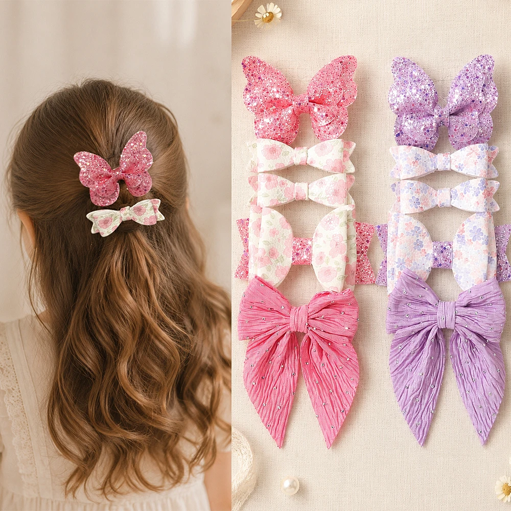 1 Set Children's Bow Hair Clip Set Cute Glitter Flower Print Clip Girls Teenagers Wear Sweet Hair Accessories for Daily Parties
