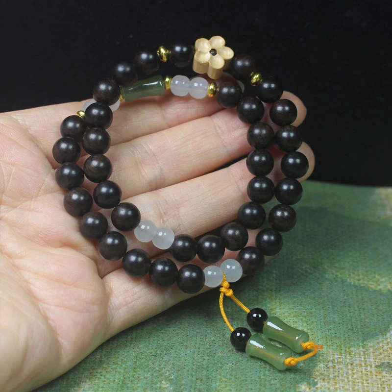 

Ebony 8mm double-loop wooden plum blossom Buddhist bead , green bamboo knot bracelet, simple prayer beads for men and wo
