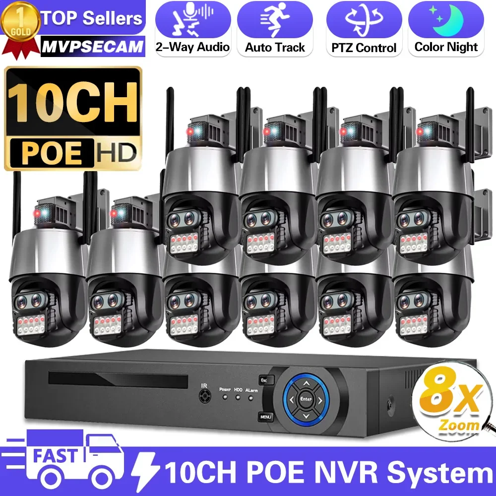 

4K 8MP Binocular IP Camera WiFi PTZ Camera Dual Lens 8X Zoom Security CCTV Cam Motion Detection Surveillance 10CH POE NVR Kits