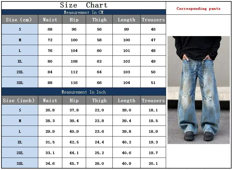 2000S Kleidung Y2K Grunge Old Dirty Washed Blue Baggy Zerrissene Jeans Hosen Für Männer 90S Vintage Kleidung Denim Hosen Ropa Hombre – Detail 3
