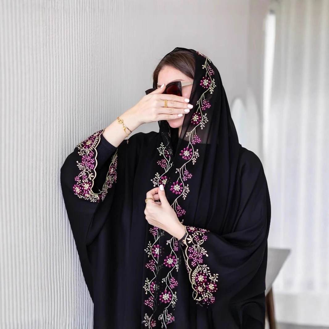 

Women Jalabiya Dubai Abaya Eid Ramadan Party Gorgeous Long Dresses Embroidery Beads Diamond Abaya Women Muslim Dress with Scarf
