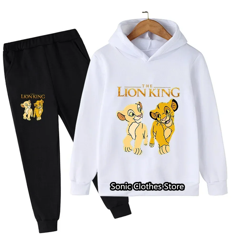 Disney Cartoon Animals Graphic Simba Kids Clothes Cotton Suit Girls Cartoon Lion King Hoodies Pants 2Pcs Casual Boys Girls Sets