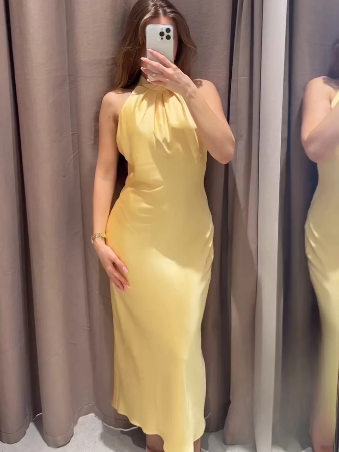 

Chic Sexy Elegant Silk Sense Backless Women's Dress Halter Neck Sleeveless Bodycon Pleated Dress Fashion Summer Beach Dress