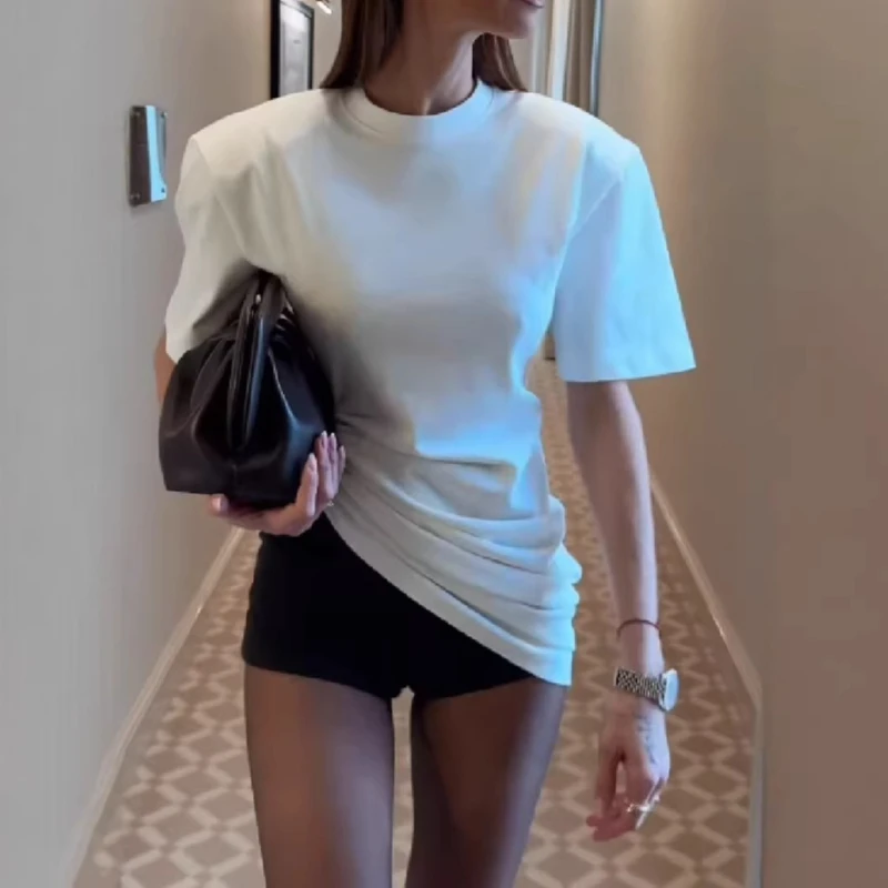 2026 Summer New White Shoulder Padded Top Side Pleated Irregular Short-sleeved Women's Model