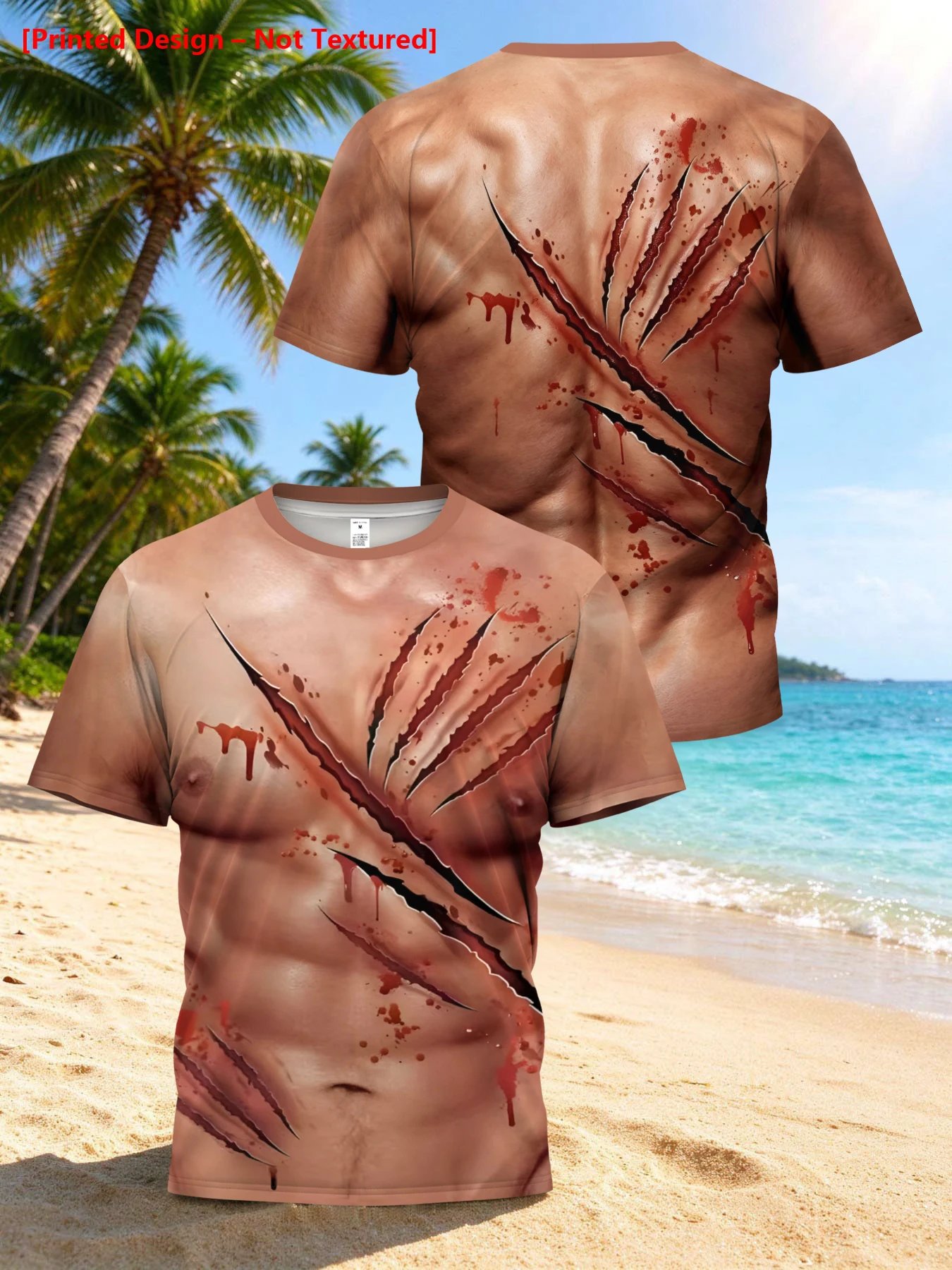 Men's 3D Printed Short-Sleeved T-Shirt with Simulated Muscle, Bloody Claw Marks, and Scars, Halloween Party Cosplay Novelty Costume