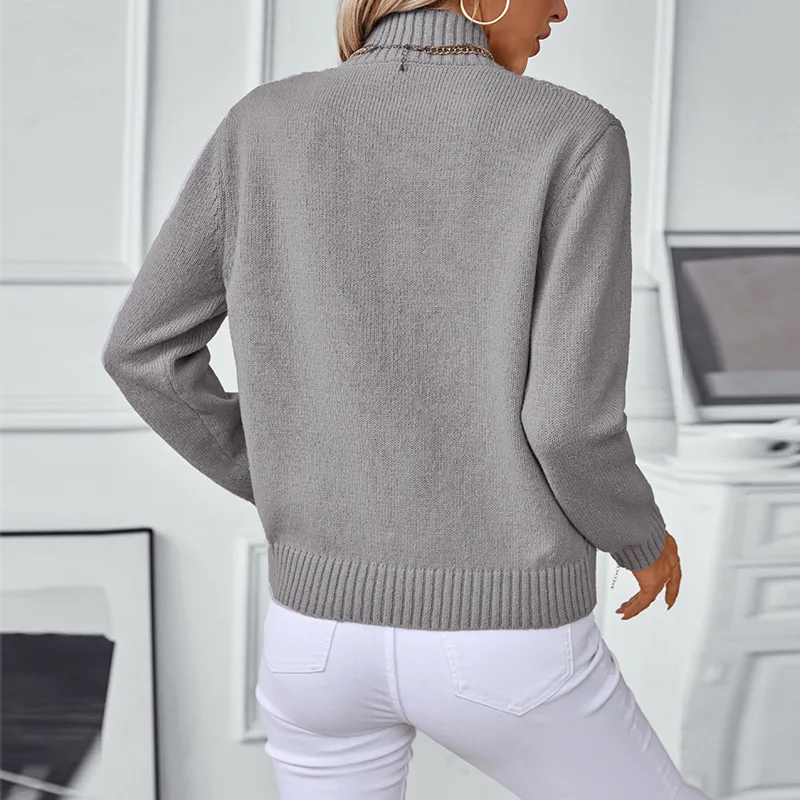 Solid color semi high neck pullover women's sweater for autumn and winter, new European and American casual cross-border long sl