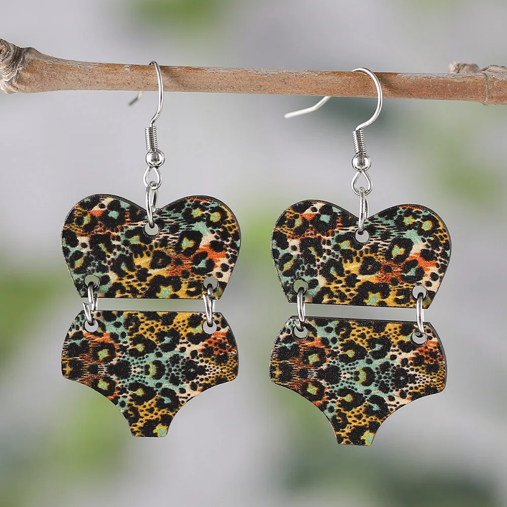 New Beach Leopard Pattern Bikini Swimsuit Earrings Double Sided Wooden Earrings Summer Vacation Earrings Gift