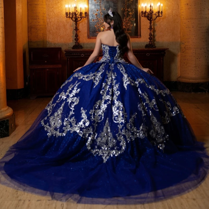 Navy Blue Glitter Quinceanera Dresses Off Shoulder Ball Gown Sweet 16 Dress Applique Beads Tull Party Birthday Vestidos 15 anos