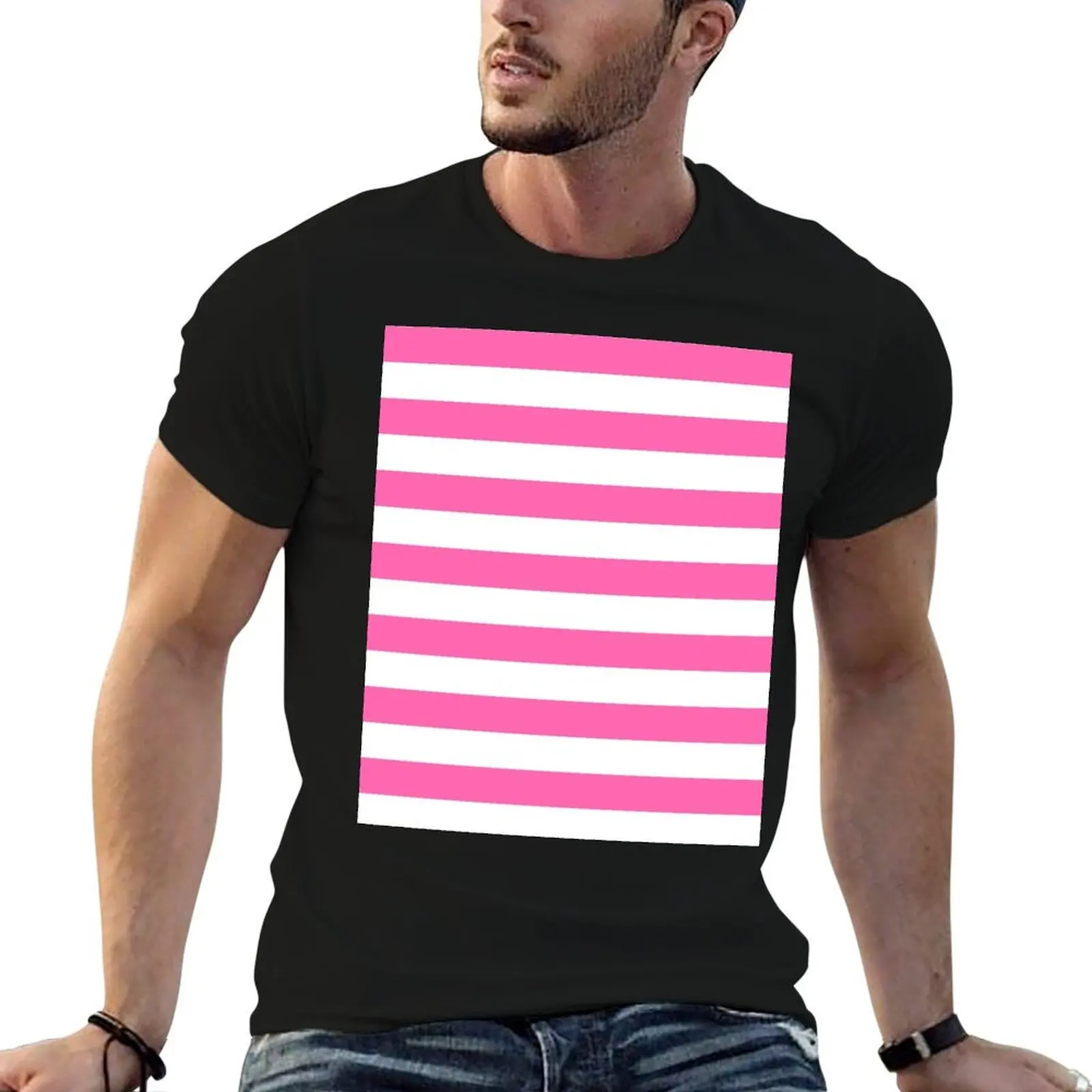 Hot Pink and White Horizontal Stripes T-Shirt tees Blouse mens cotton t shirts