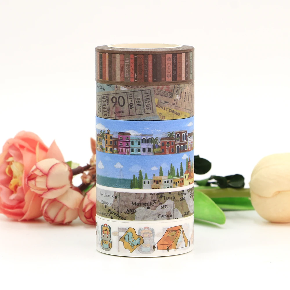 1PC 15mm*10m Travel Map Books Seaside Town House Journal Stationery Decorative Washi Tape Scrapbooking MaskingTape sticker