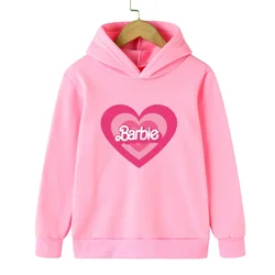 Słodkie dziewczęce bluza z kapturem wiosenno-jesienne modne Love Barbie Print z długim rękawem dziecięce bluza Kawaii bluzy dziecięce