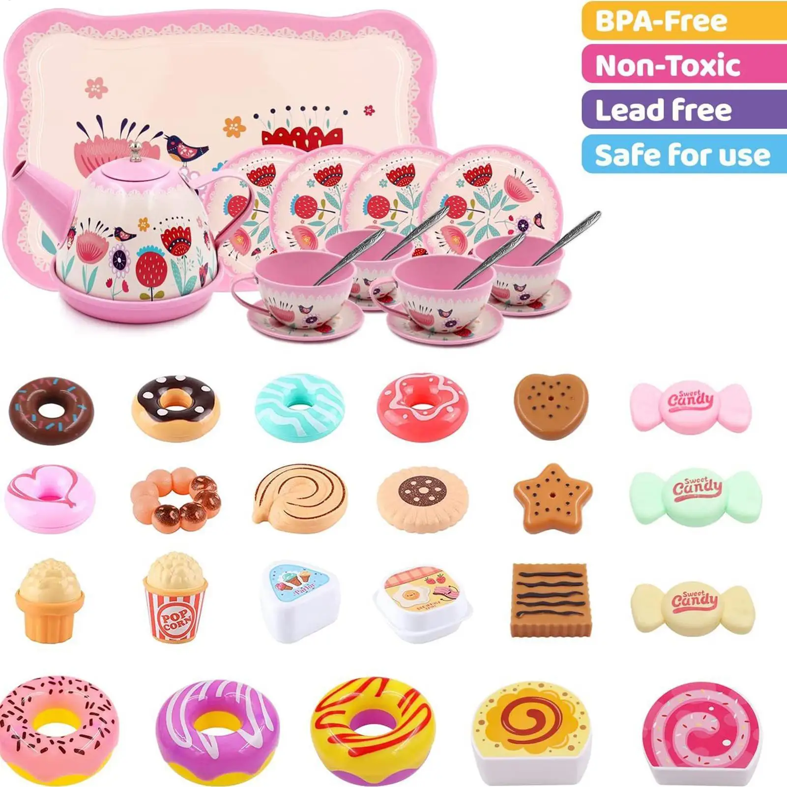 مجموعة حفلات الشاي للفتيات الصغيرات للمطبخ التظاهري للعب لعبة وقت الشاي مع بسكويت الحلوى والكعك وإبريق الشاي وهدايا عيد ميلاد الأميرة #5