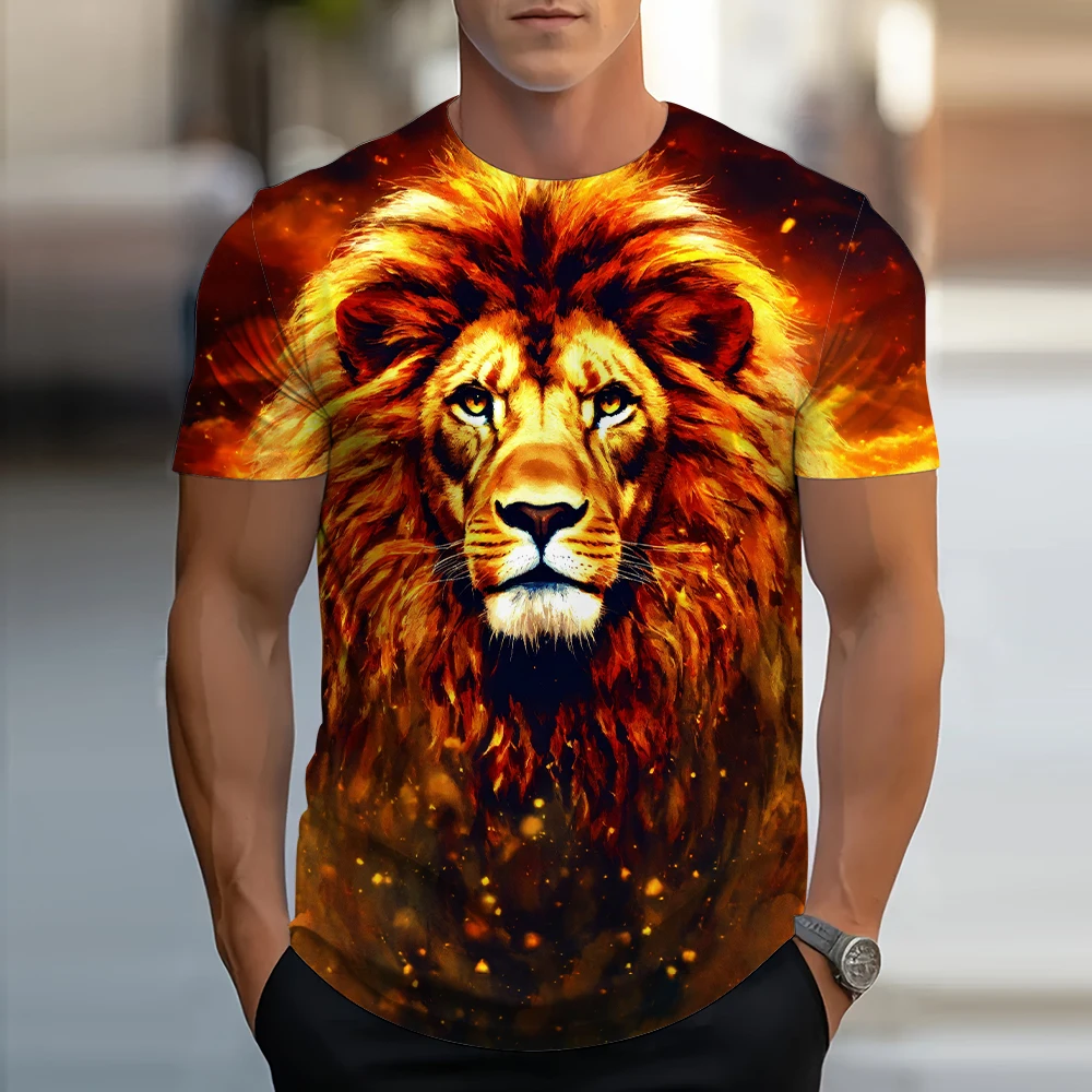 Funny 3D Lion Print T Shirt For Men Fashion Wolf Pattern Street Clothing Casual O-neck Oversized T-shirt Summer Short Sleeve Top