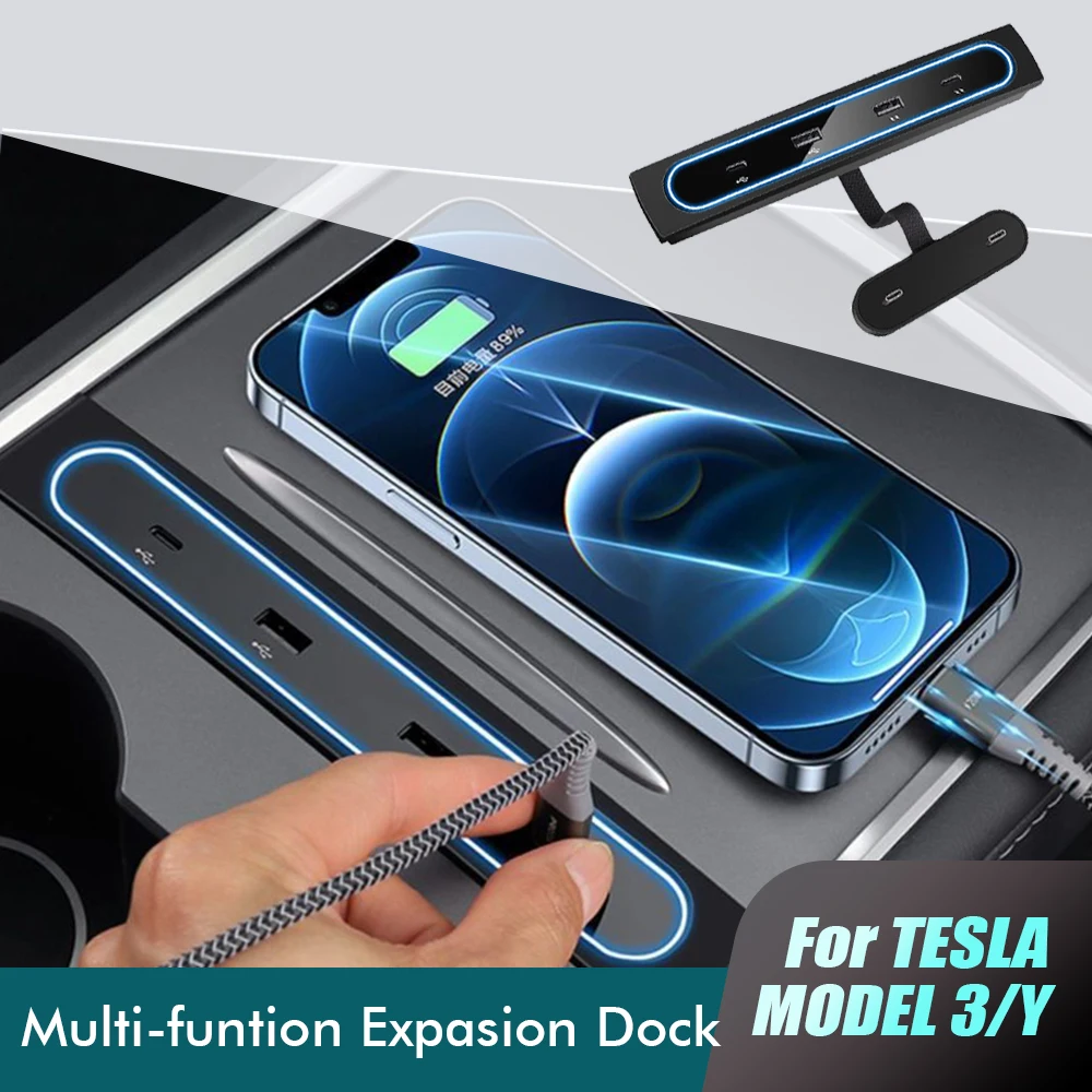 

For Tesla 2021-2022 Model 3 Model Y 27W Quick Charger LED Intelligent Docking Station USB Shunt Hub Decoration Car Accessories