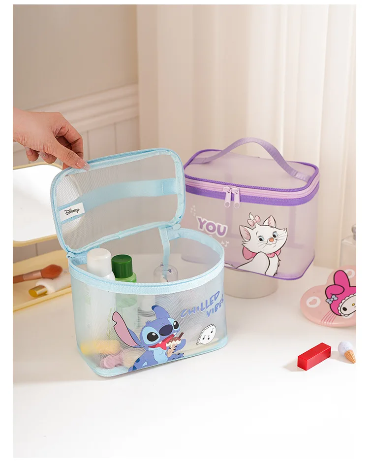 Kawaii Disney Solid Color Transparent Gauze Makeup Bag Women's Travel Makeup Storage Bag Stitch Cartoon High Appearance Level