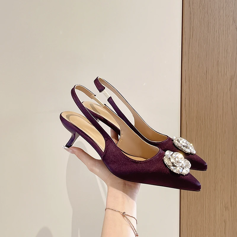 2026French Rhinestone Tea Rose Pointed Toe High Heel Single Shoes New Elegant Thin Heel Versatile Cover Head Women's Shoes