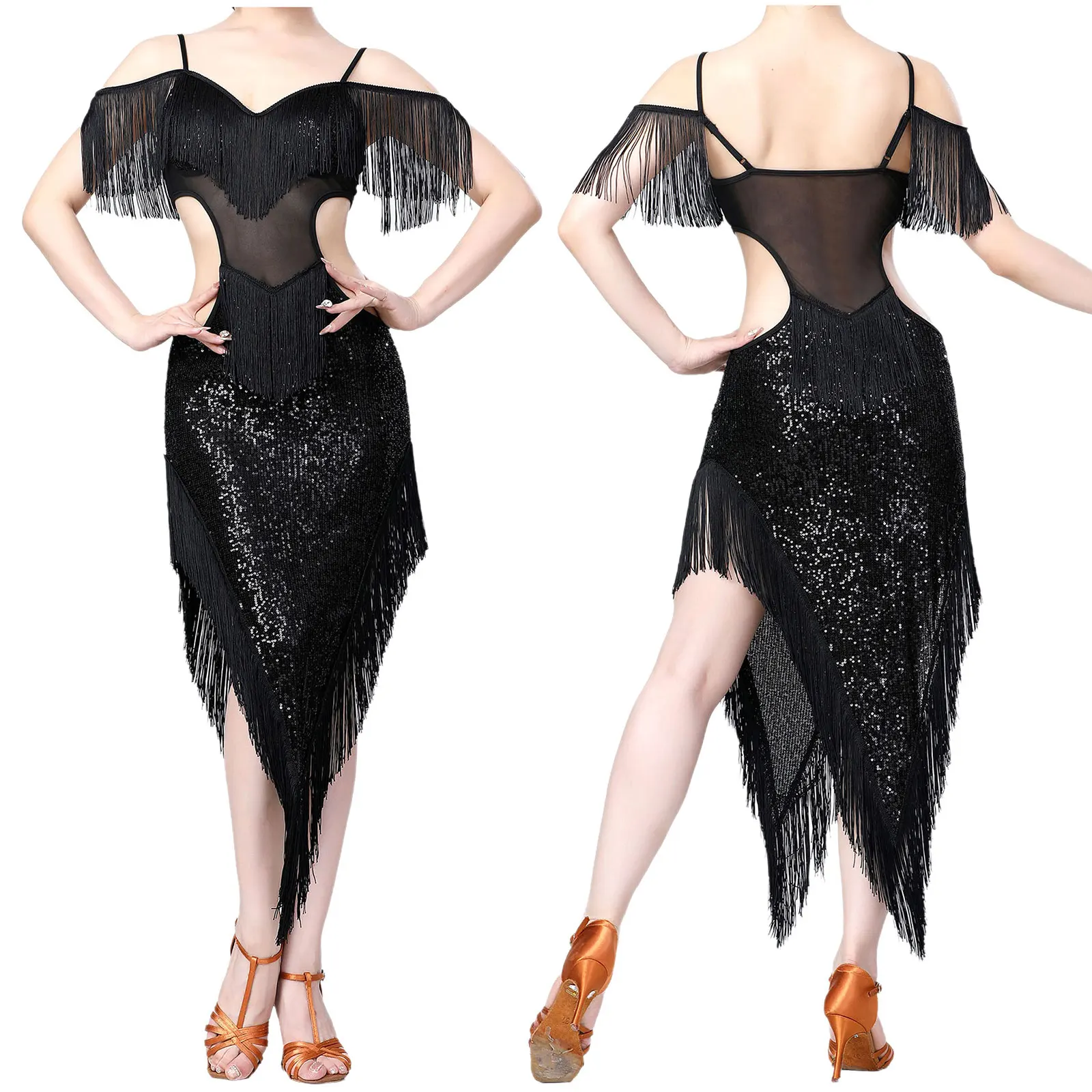 

Women Latin Dance Dress Fringe Flapper Maxi Dress Sequins Salsa Rumba Samba Tango Cha-Cha Dance Performance Competition Costume