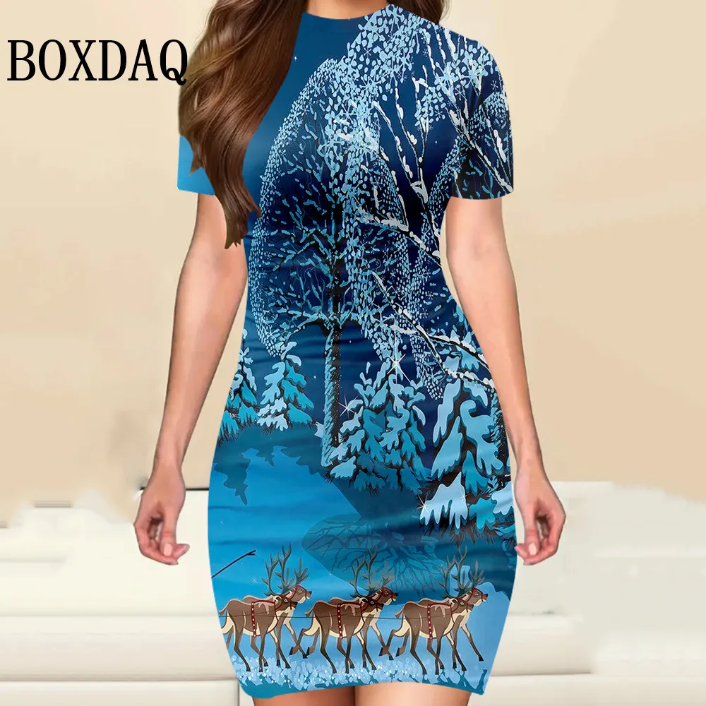 Rote Weihnachtsmann-Kleider für Frauen, 2025, Weihnachts-Elch-Druck, Partykleid, Sommer, lässiger Trend, kurze Ärmel, schlankes, figurbetontes Minikleid