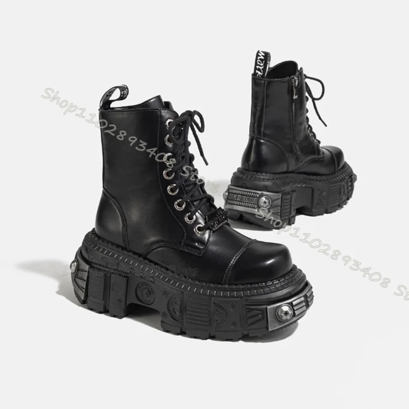 

Black Metal Decor Platform Boots Lace up Side Zipper Women Shoes Autumn Muffin Bottom Punk Style Women Boots Zapatos Para Mujere