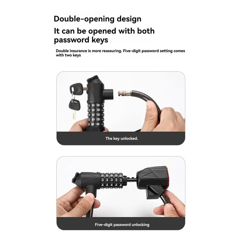NEW HOT In Stock-Bicycle Lock With Light 5 Digit Security Password Bike Lock Steel Cable Chain Lock For Road Bike - view 6