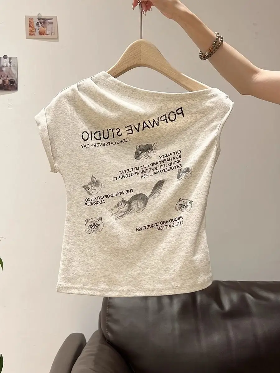 Retro American Hot Girl Stampa ort Sve T-shirt Design estivo da donna Slim Fit oulder Baring Top Coreano Sle Pendolarismo