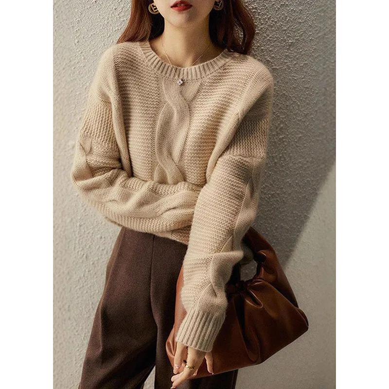 Solid Color Womens Sweater Soft Pullover Vintage Loose Fit Round Neck Stretchy Knit Sweaters Versatile Classic Cozy Knitwear Top